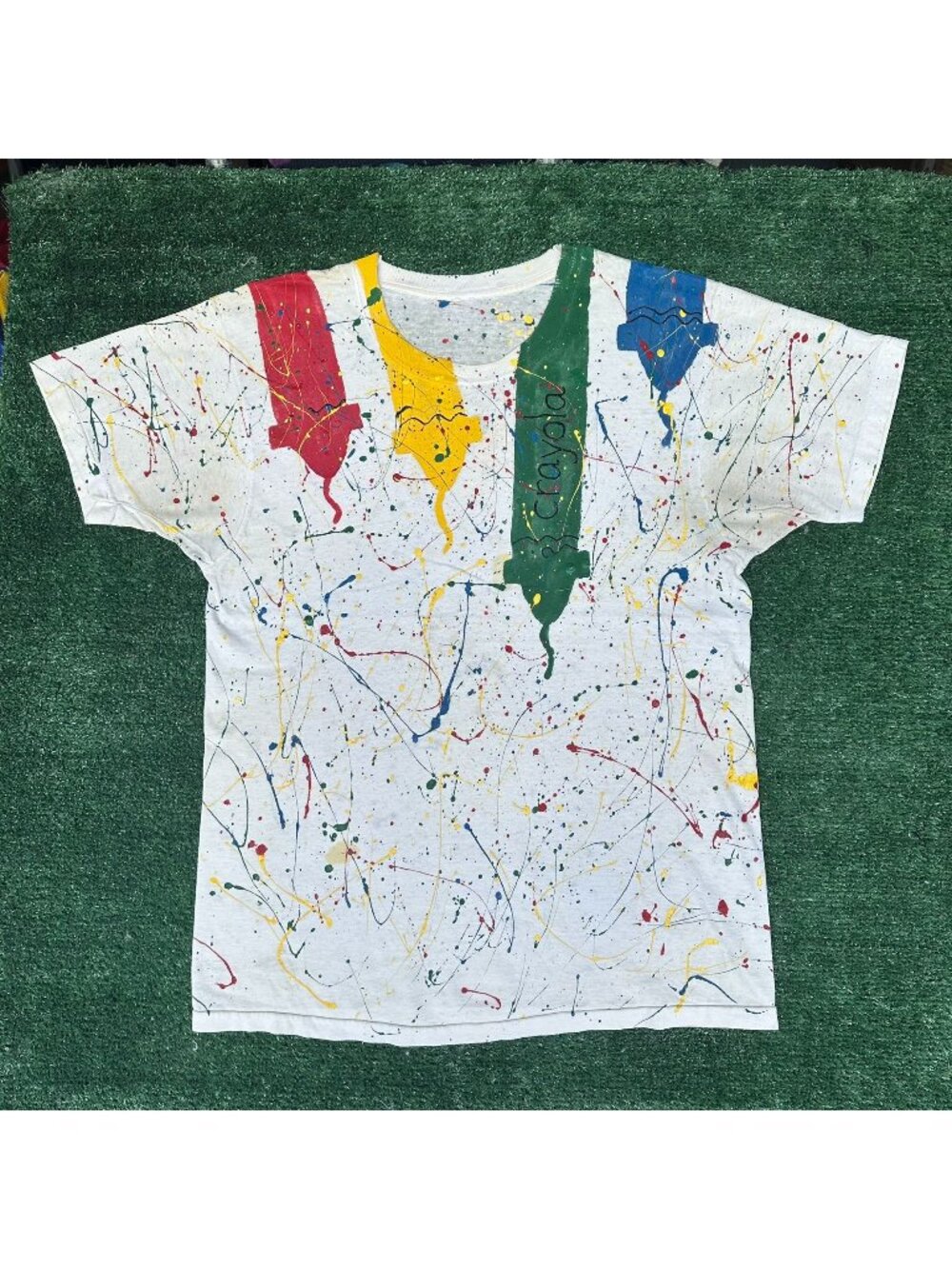 Vintage 90s Crayola Crayon Paint Splatter T-Shirt White M Single Stitch Kidcore